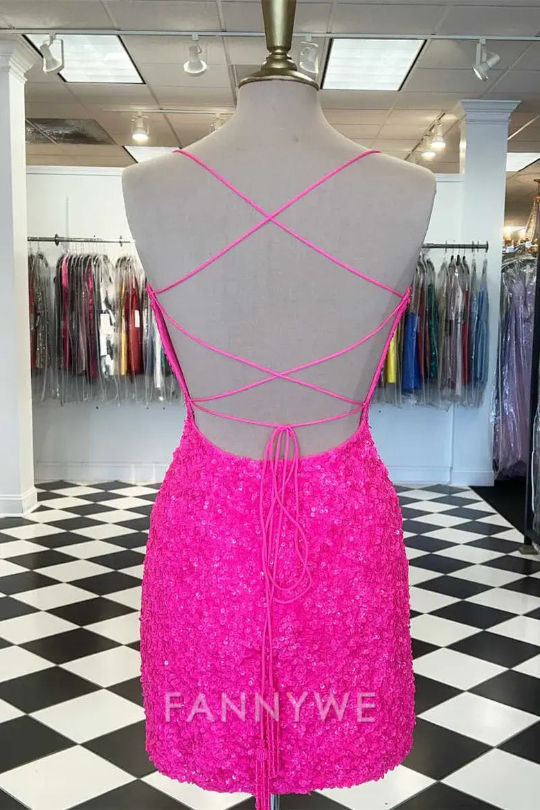 FannyWe Simple Hot Pink Sequin Lace-Up Mini Cocktail Dress formal wear dresses
